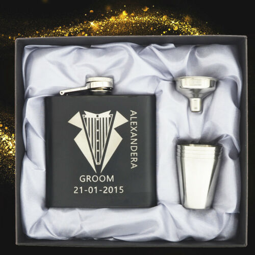 Personalized Black Engraved Hip Flask scotch / whisky glasses set | Wedding Flavor | Groomsman Gift | Bridal Gift | birthday Gift | Dad Gift